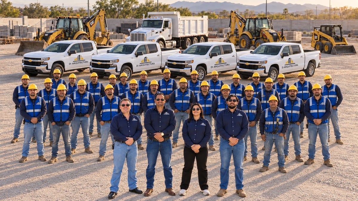 Construction company team posing in front of white pickup trucks and heavy equipment on a work site